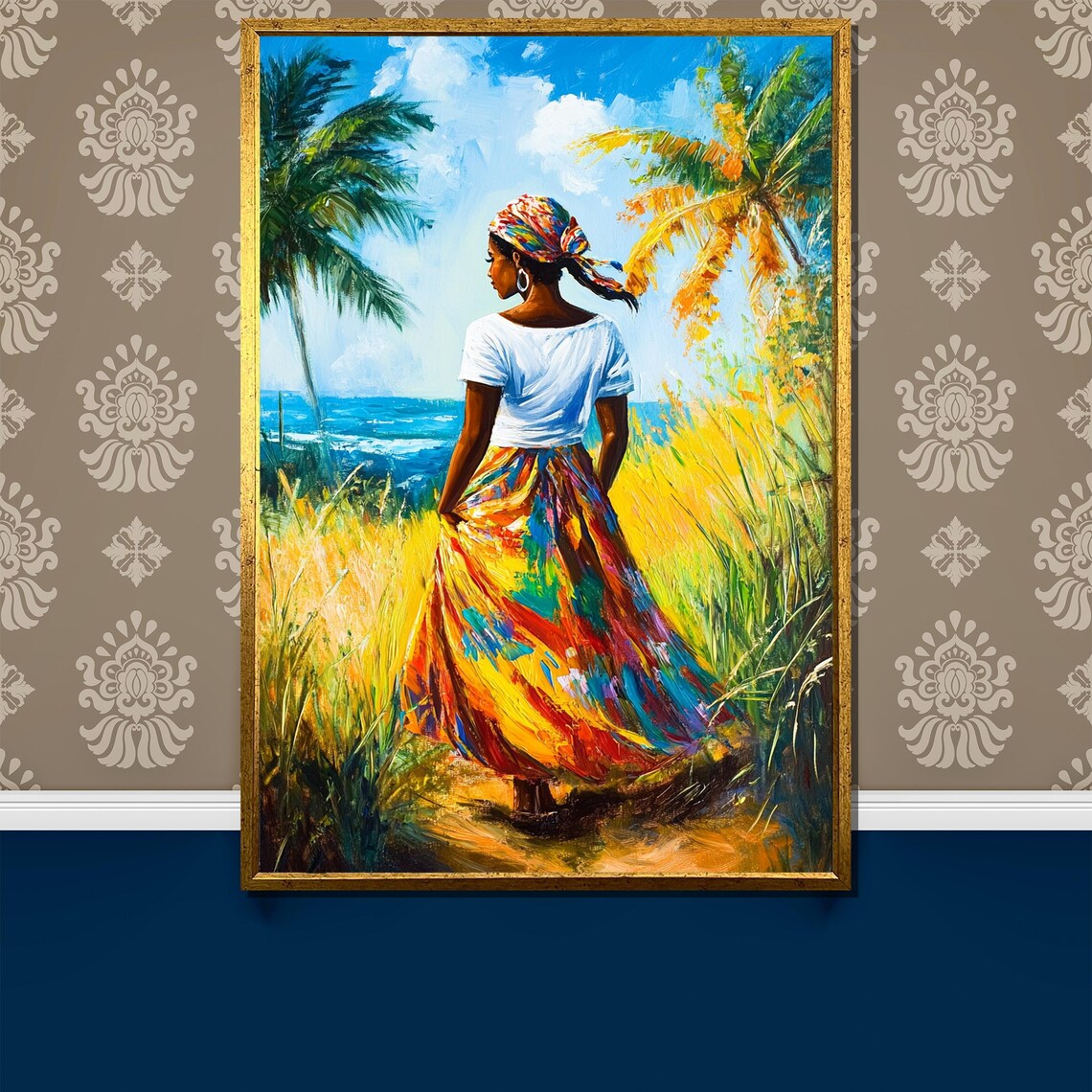 Colorful Caribbean Woman Walking Along Tropical Seaside Art Poster