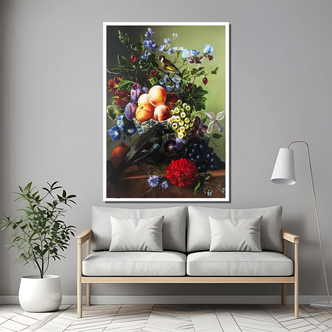 Classical Still Life Fruit Bowl with Birds and Dahlia Poster - Image 2