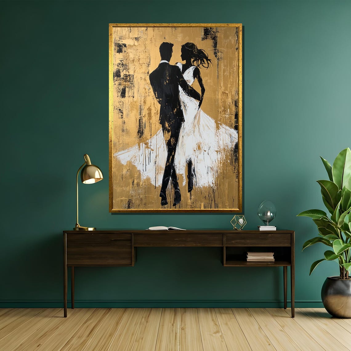 Wedding Couple Silhouette Dancing On Textured Gold Background Poster - Image 5