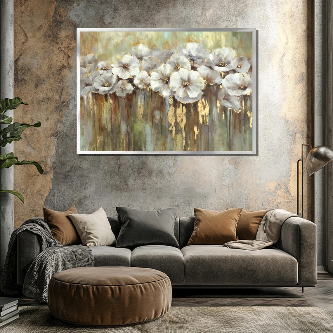 White Flowers With Gold Accents Abstract Green Gold Art Poster - Image 3