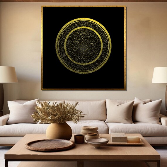 Minimalist Gold Circle Painting On Black Background Modern Luxury Art Gift For Home Decor Contemporary Wall Art