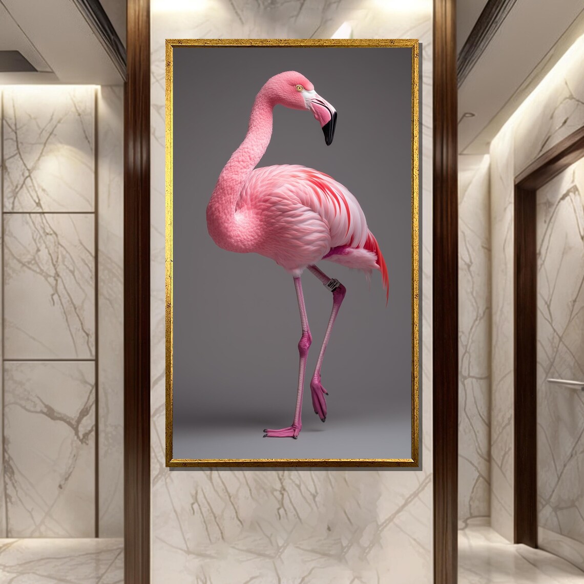 Rosy Grace Pink Flamingo Standing Tall Against Grey Wall Poster