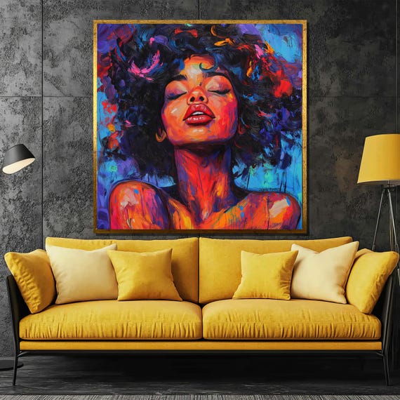 Colorful Expressionist Afro Woman Painting Bold And Vibrant Abstract Portrait Unique Wall Decor And Gift For Art Enthusiasts
