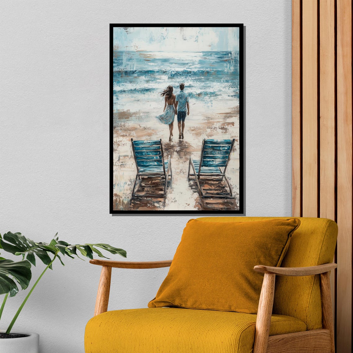 Romantic Couple Walking To The Ocean Past Two Blue Beach Chairs Poster - Image 4