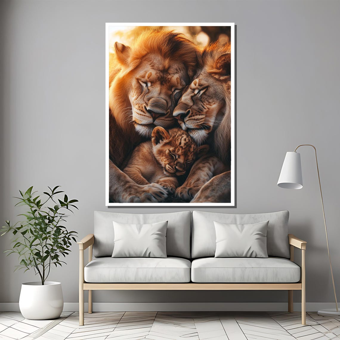 Sleeping Lion Family Cuddled Together In Golden Light Poster - Image 2