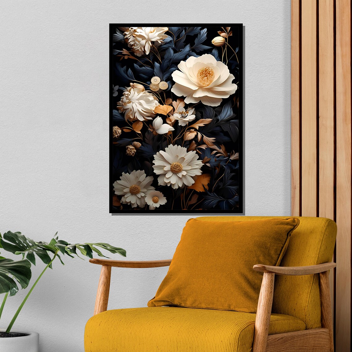 Cream Flowers with Navy Foliage on a Black Background Poster - Image 4