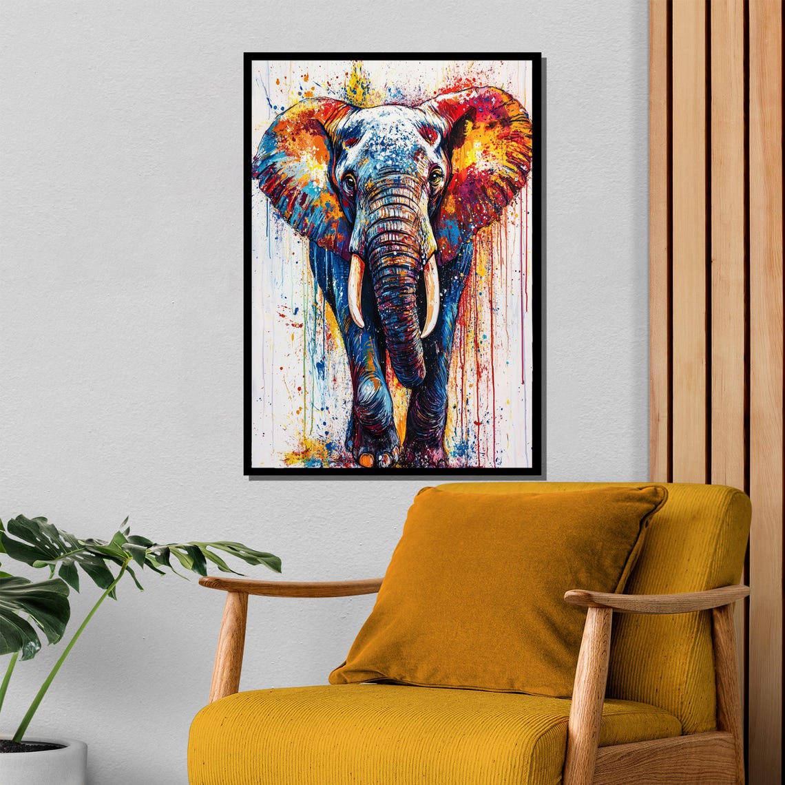 Rainbow Giant Colorful Splatter Elephant Walking Forward Art Poster - Image 4