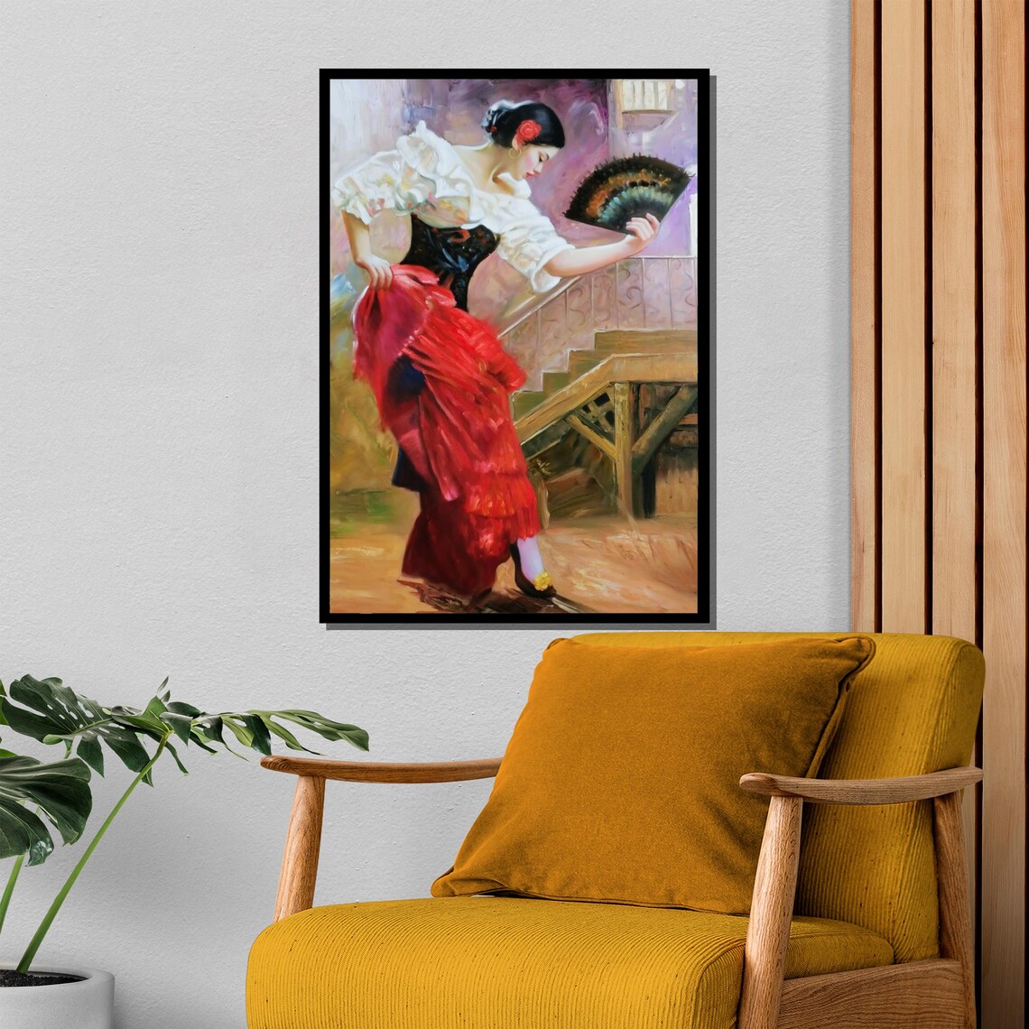 Flamenco Dancer on Stairs With Black Fan Spanish Oil Art Poster - Image 4