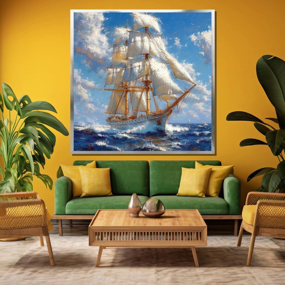 Tall Ship Full Sails Open Ocean Blue Sea Painting Canvas Poster - Image 3