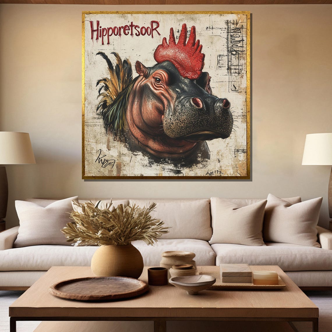 HipporetsooR Whimsical Hippo Rooster Hybrid Vintage Fantasy Poster - Image 5