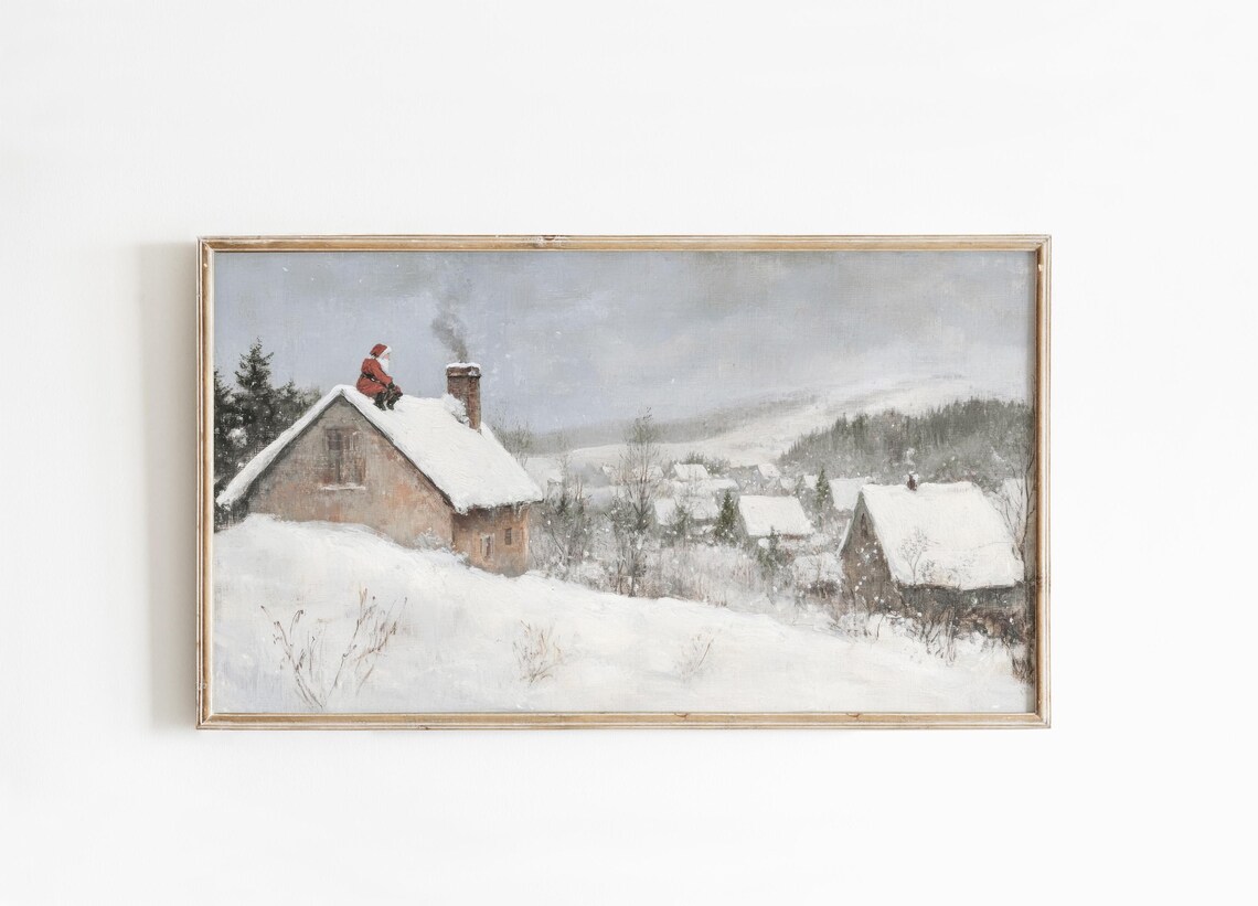 Santa On Snowy Cottage Roof Christmas Eve Village Painting Poster - Image 3