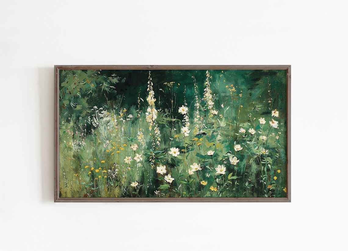 White Wildflowers Green Meadow Impressionist Floral Painting Poster - Image 3