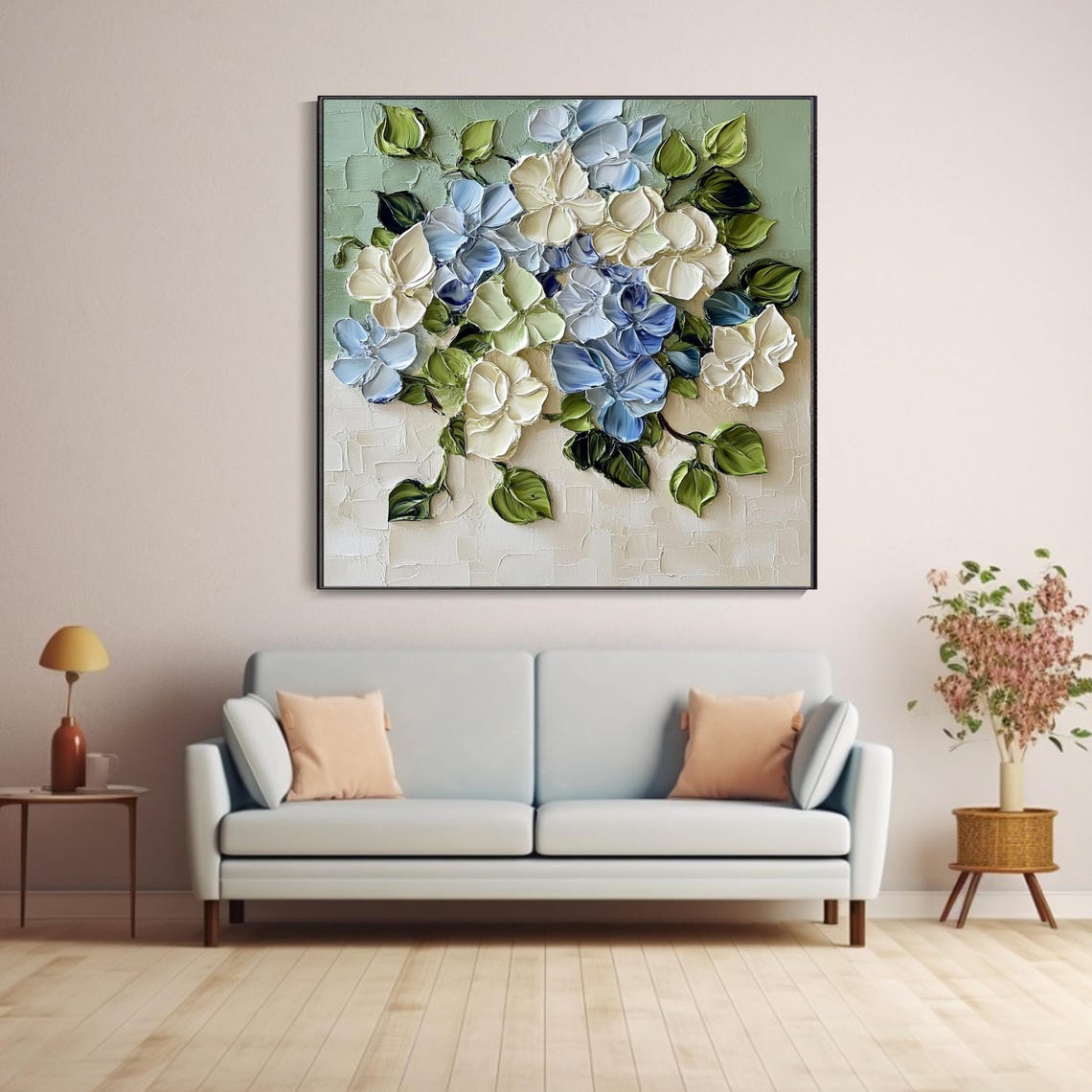 Blue White Hydrangea Blossoms Sage Green Impasto Floral Poster - Image 5