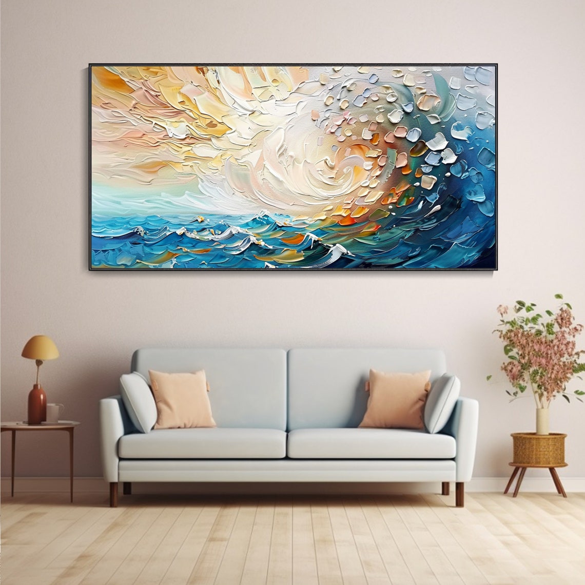 Blue Ocean Wave Sunset Swirling Textured Seascape Panoramic Poster - Image 2