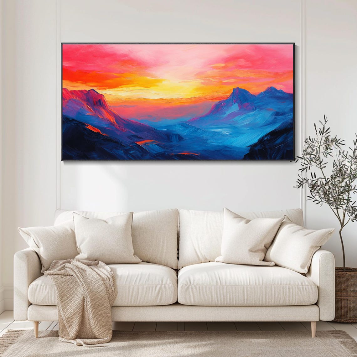 Pink Blue Abstract Mountain Sunset Panoramic Painting Poster - Image 4