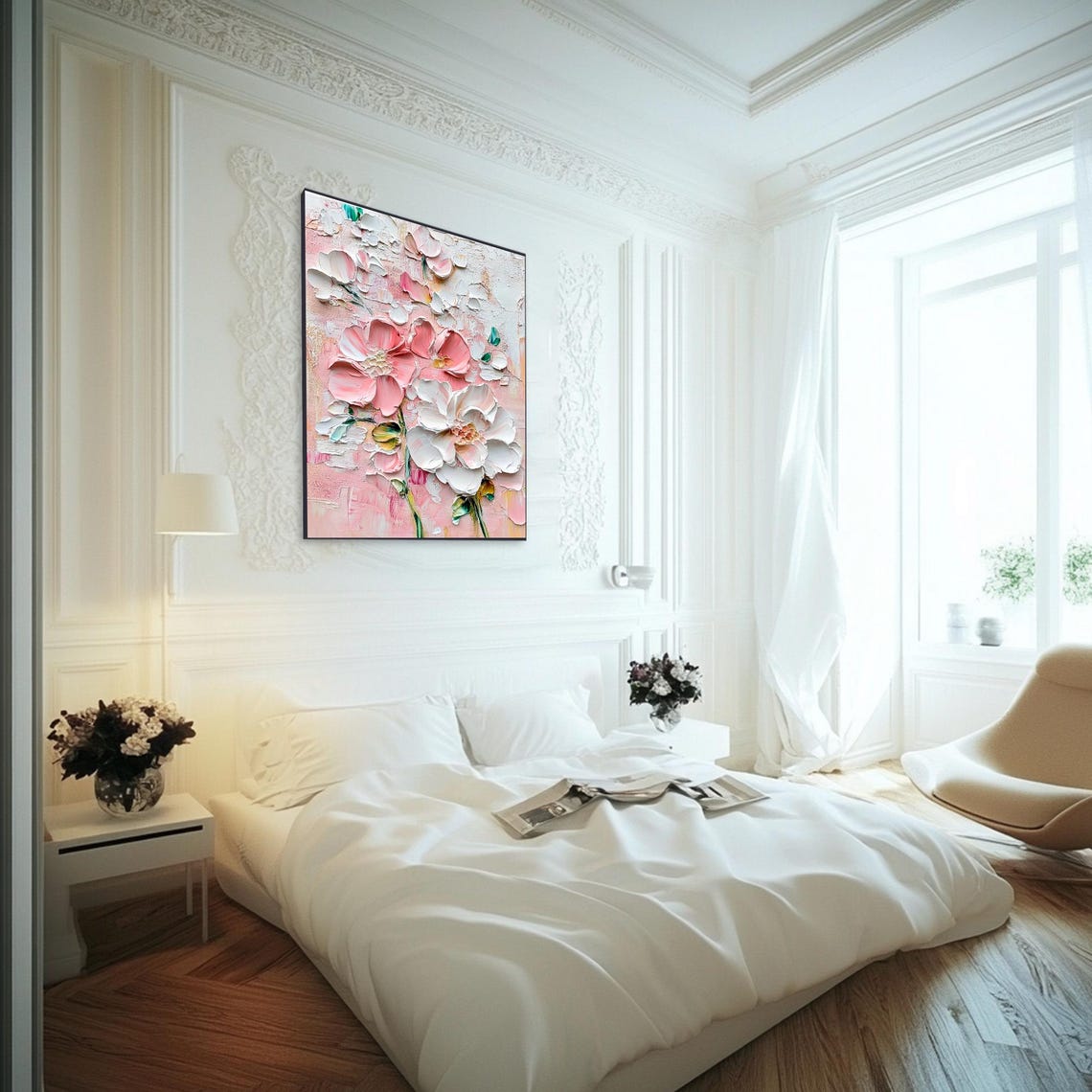 Pink and White Flowers Palette Knife Textured Floral Painting Poster - Image 2