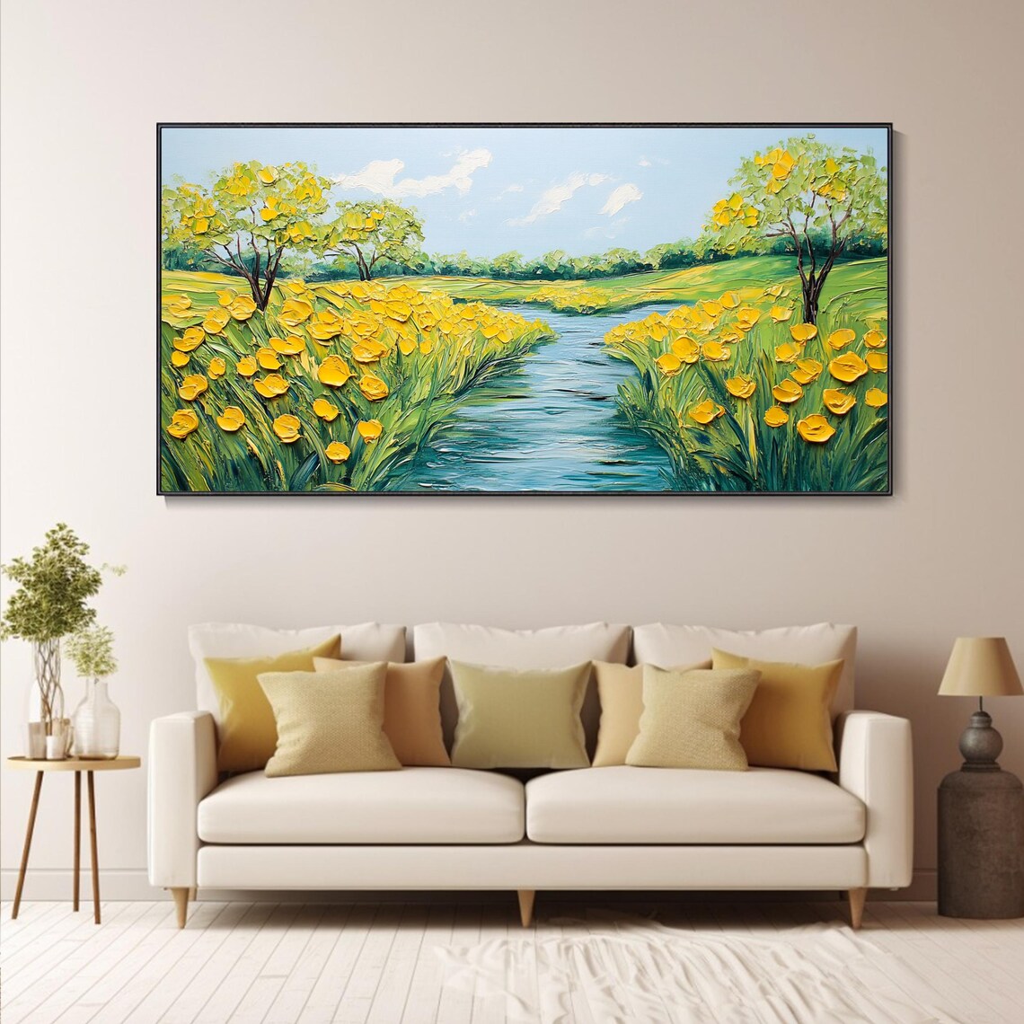 Yellow Flower Field By The Stream Blue Sky Impasto Landscape Poster - Image 5