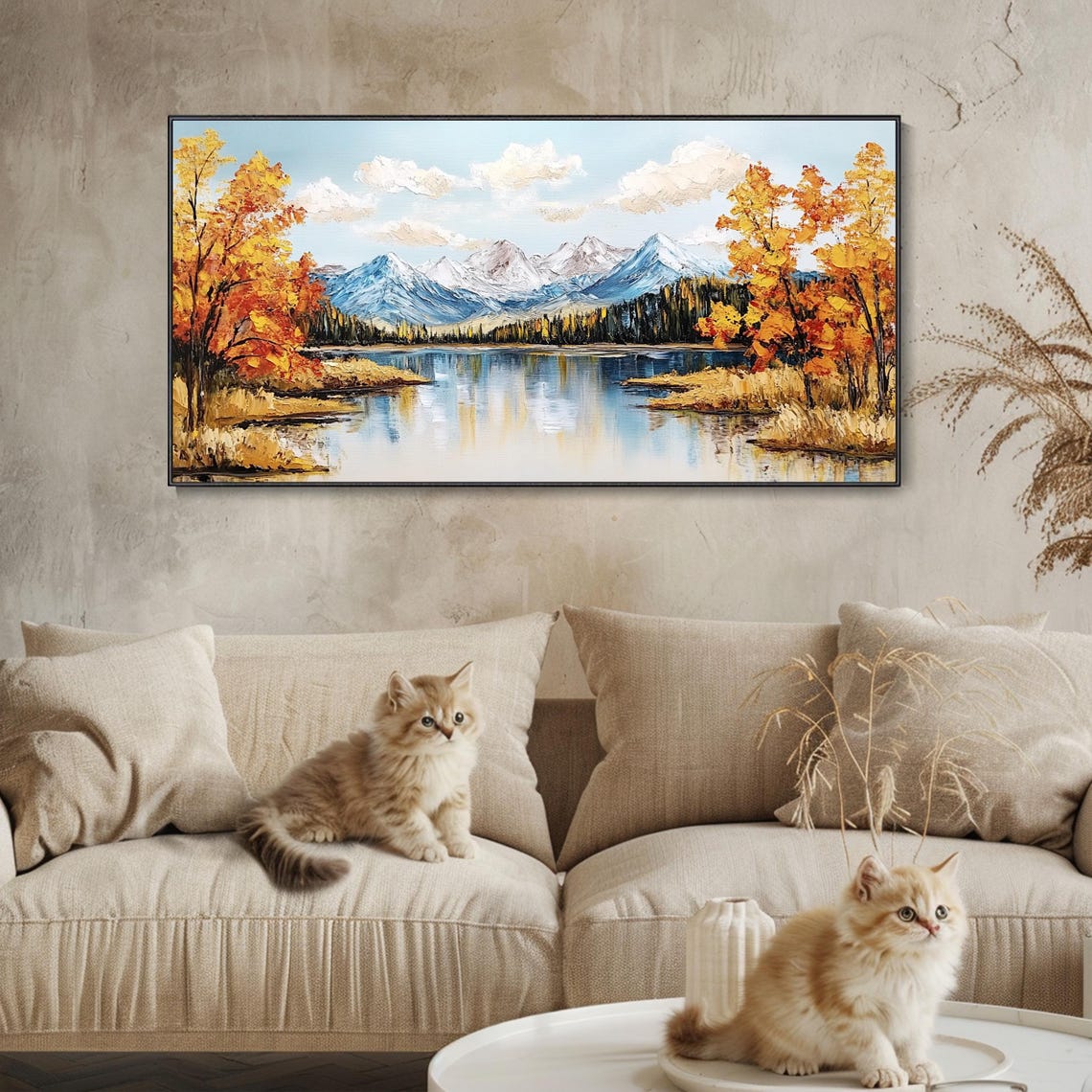 Bright Autumn Lake With Birches Mountain View Painting Poster - Image 2