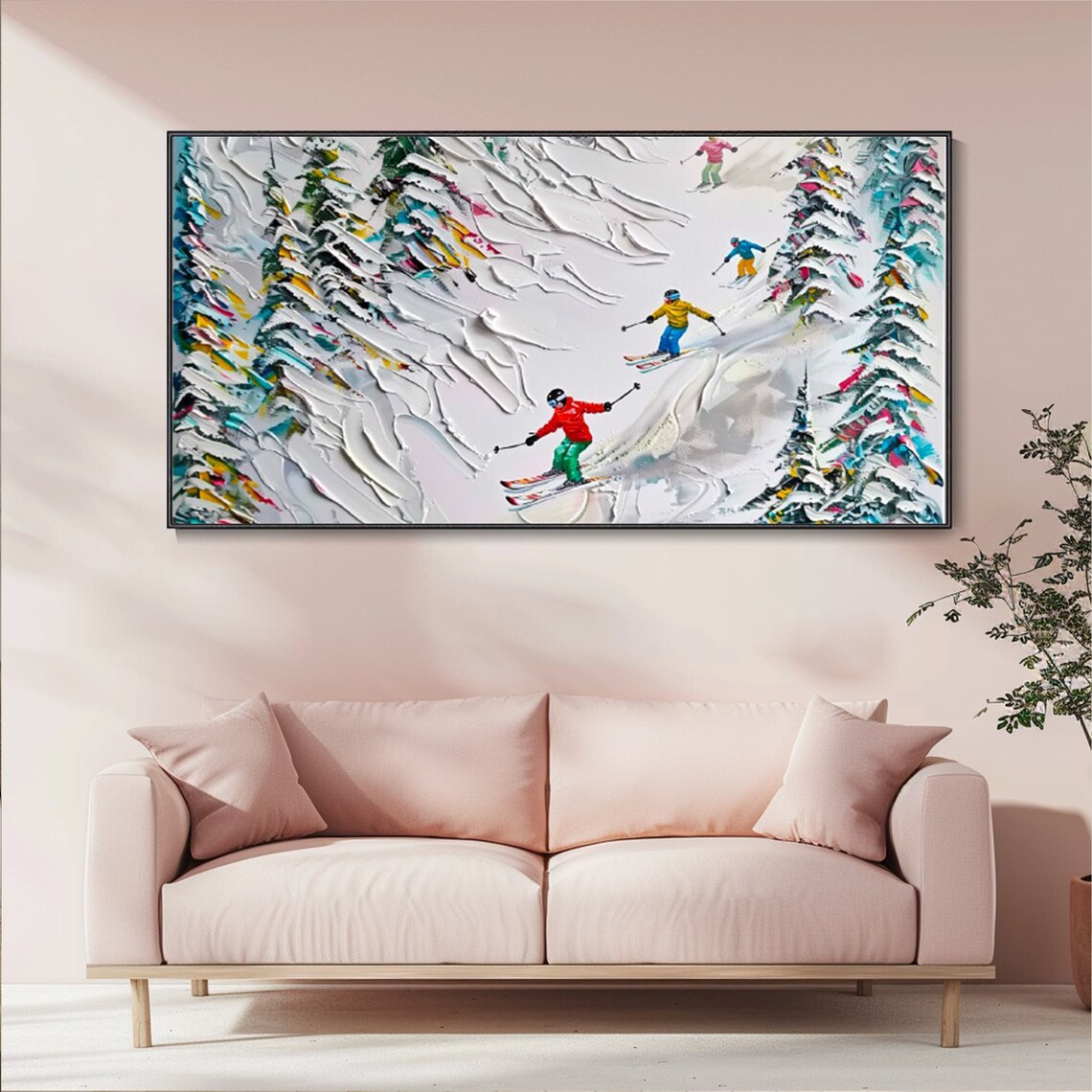 Colorful Skiers Descending Snowy Slope Textured Winter Sports Poster - Image 3