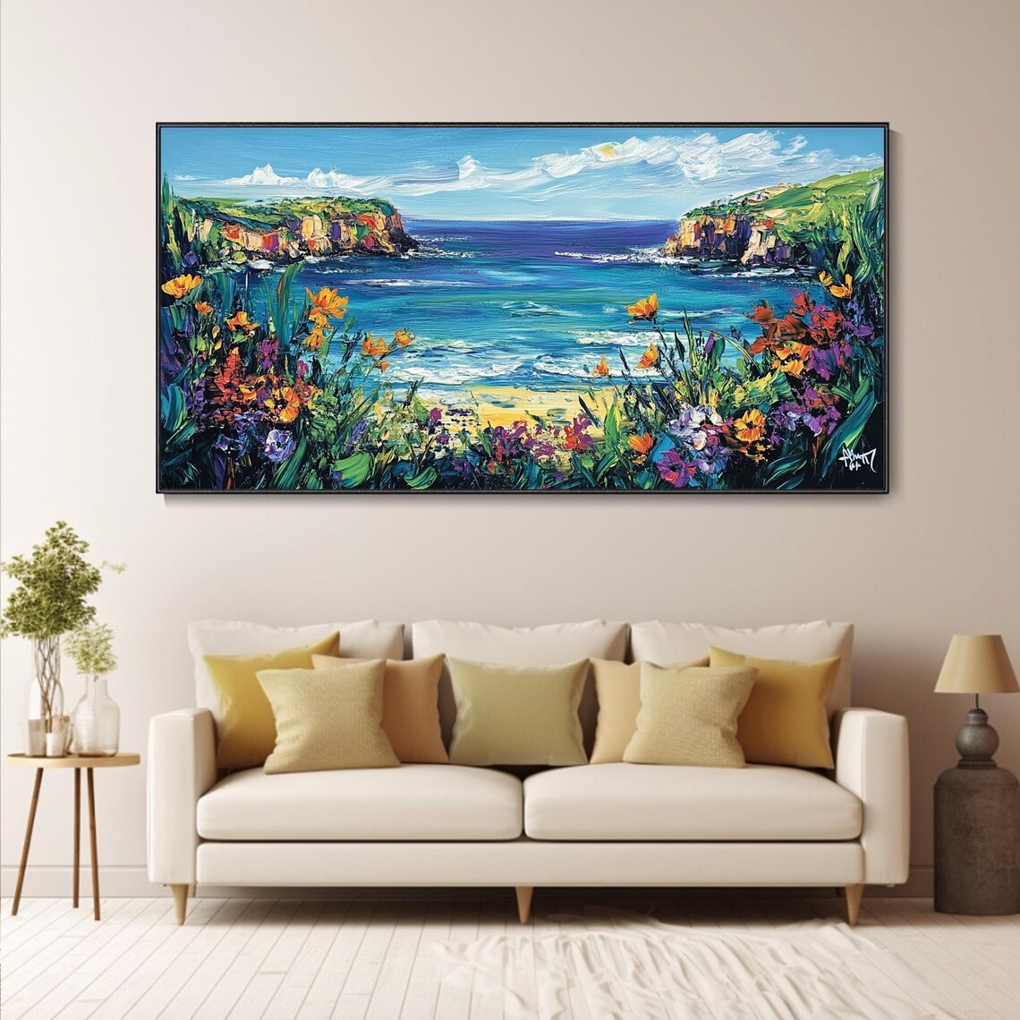 Coastal Cliffs Wildflowers Turquoise Sea Cove Impasto Painting Poster - Image 5