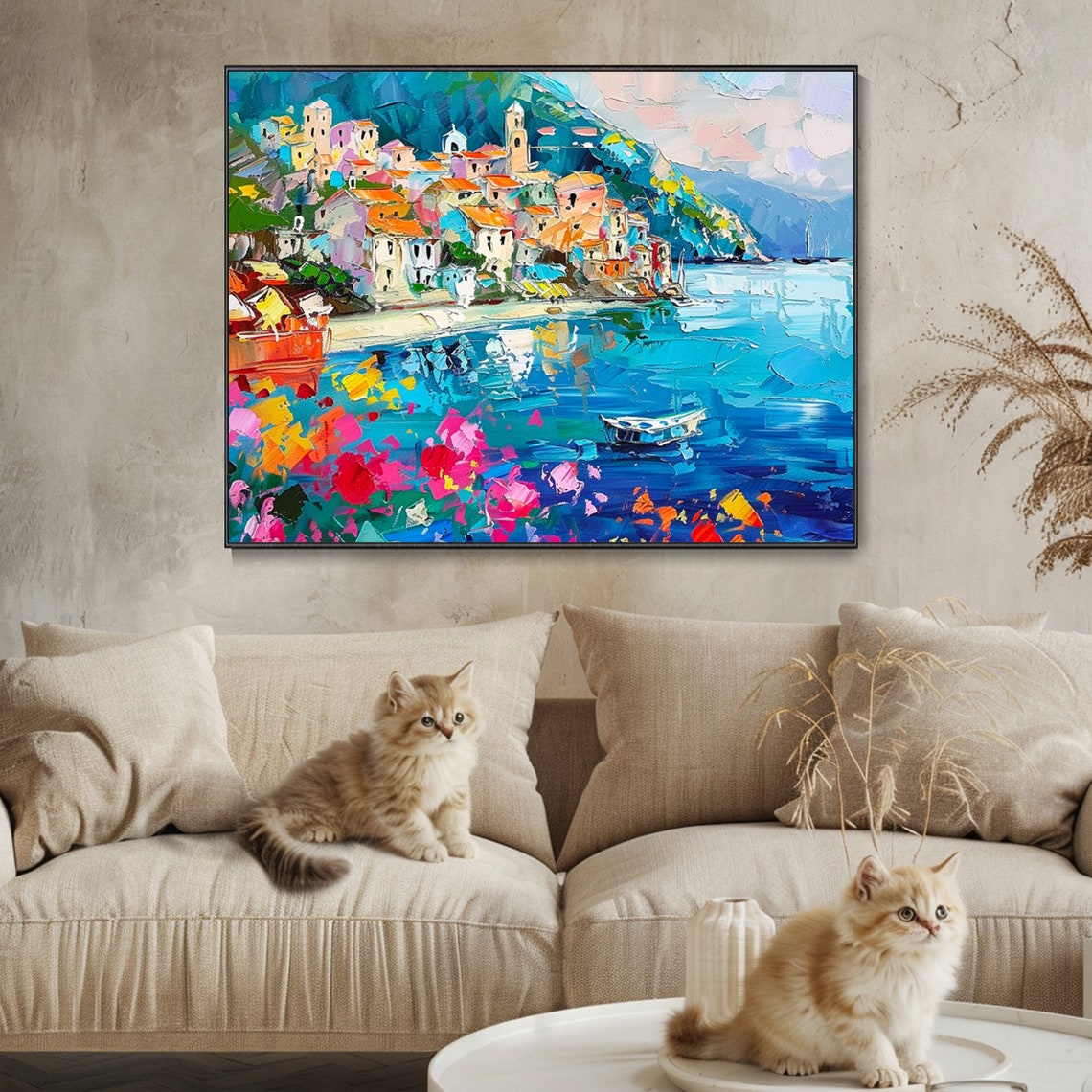 Mediterranean Coastal Village Harbor Blue Sea Palette Knife Poster - Image 2