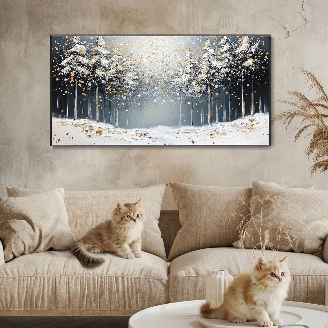 Large Long Wide Original Winter Forest Painting On Horizontal 3d Textured Wall Art Panoramic Forest Trees Wall Art Starlit Art - Image 2