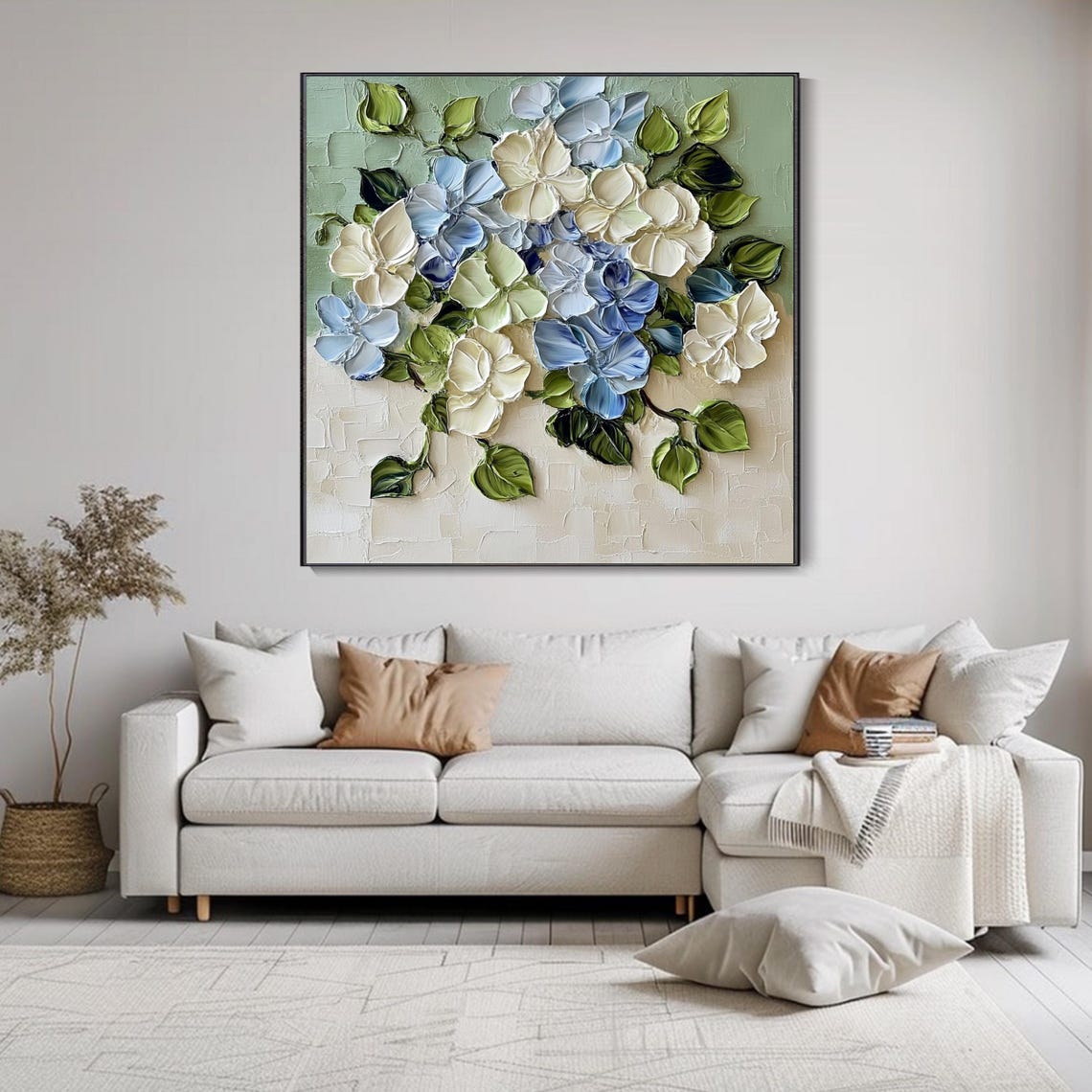 Blue White Hydrangea Blossoms Sage Green Impasto Floral Poster - Image 2