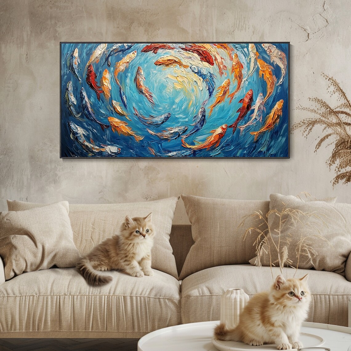 Swirling School of Colorful Koi Fish Blue Water Textured Art Poster - Image 2