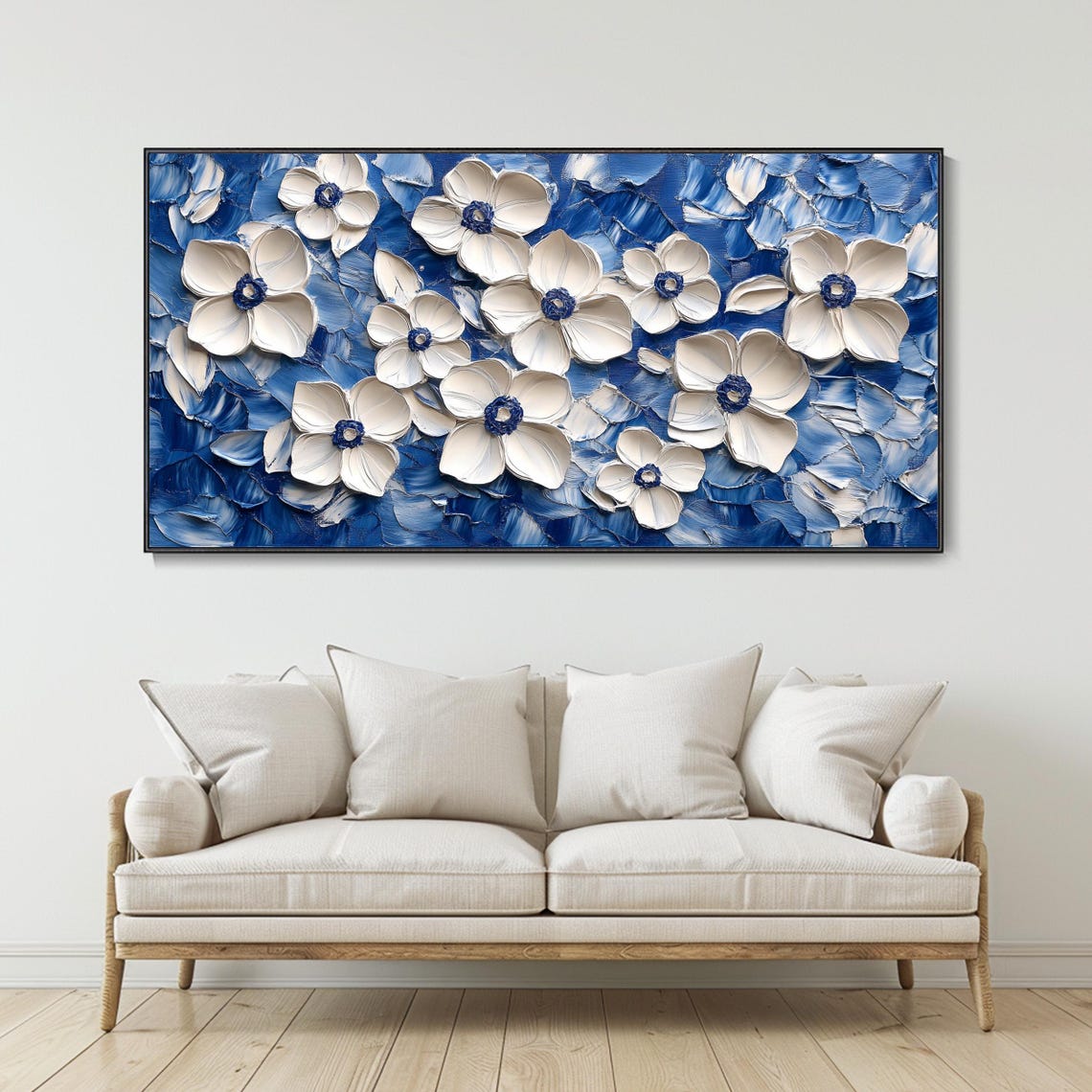 White Anemone Flowers On Deep Blue Swirling Impasto Textured Poster - Image 3
