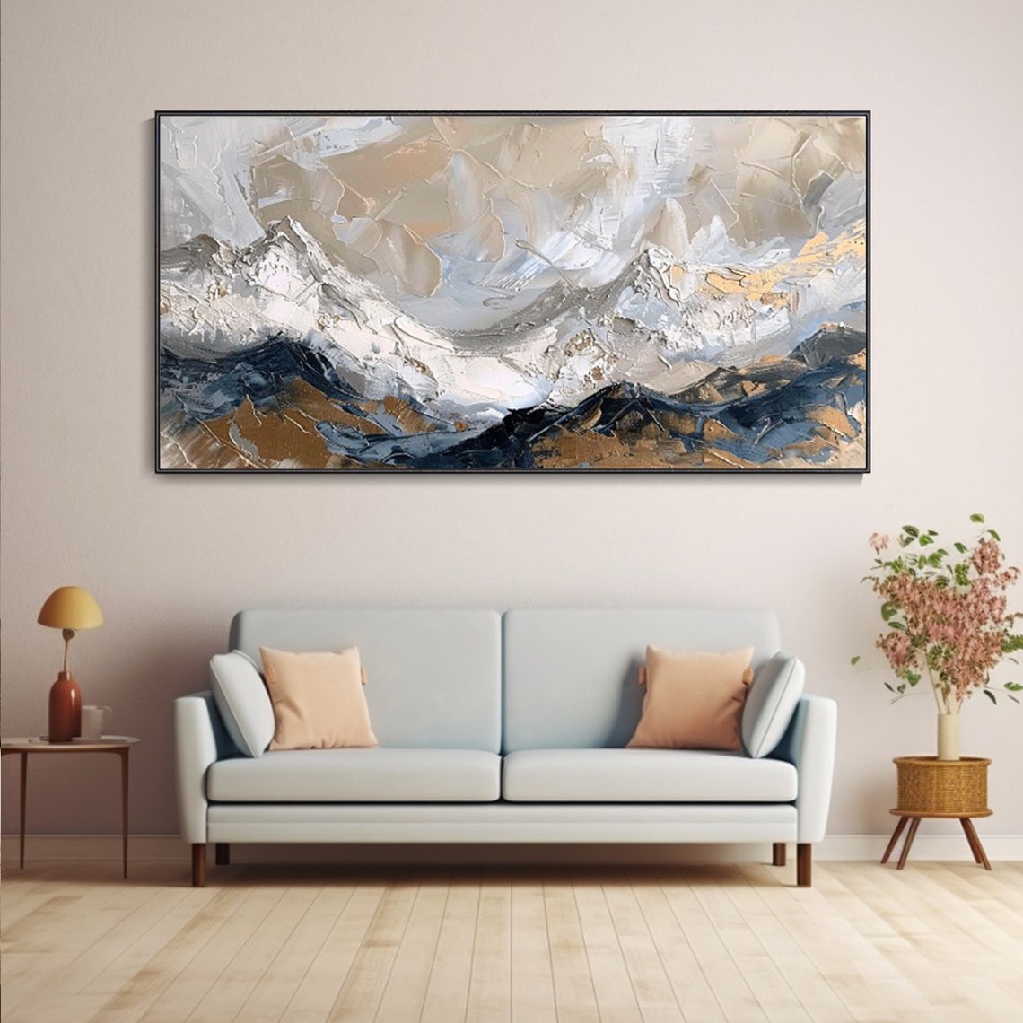 Abstract Snowy Peaks White Gold Gray Textured Mountain Poster - Image 4