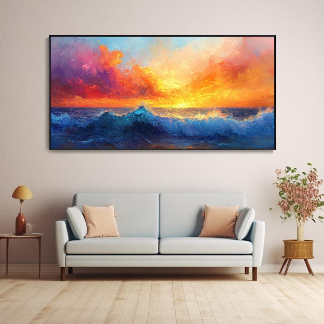 Fiery Sunset Ocean Wave Purple Orange Clouds Impasto Seascape Poster - Image 4