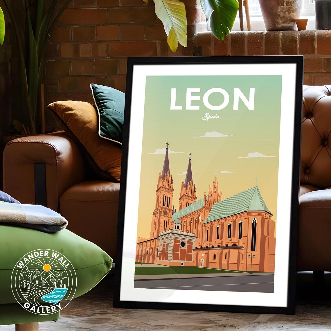 Leon Spain Cathedral Twin Spires Golden Sunrise Travel Poster - Image 6