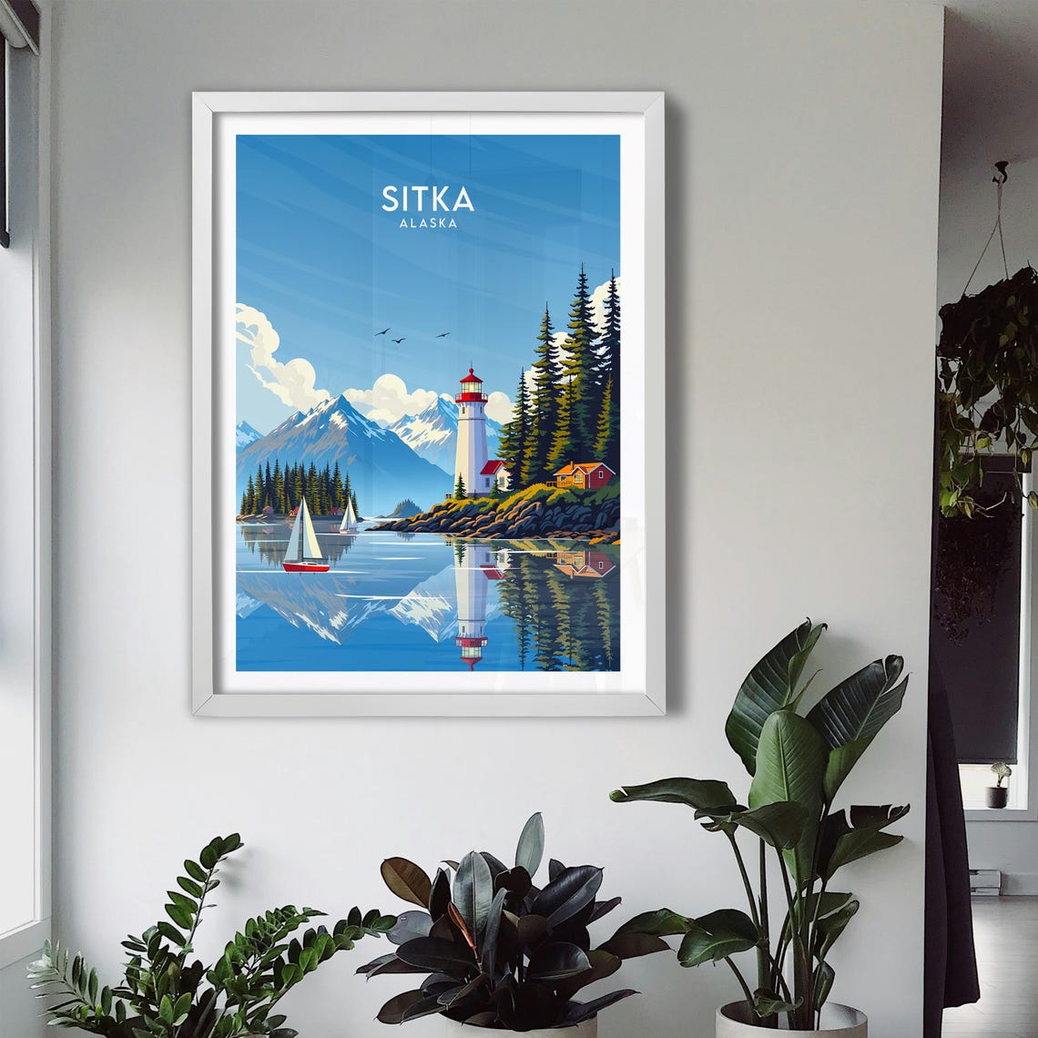 Sitka Alaska Lighthouse Sailboat Harbor Mountain Reflection Poster - Image 3
