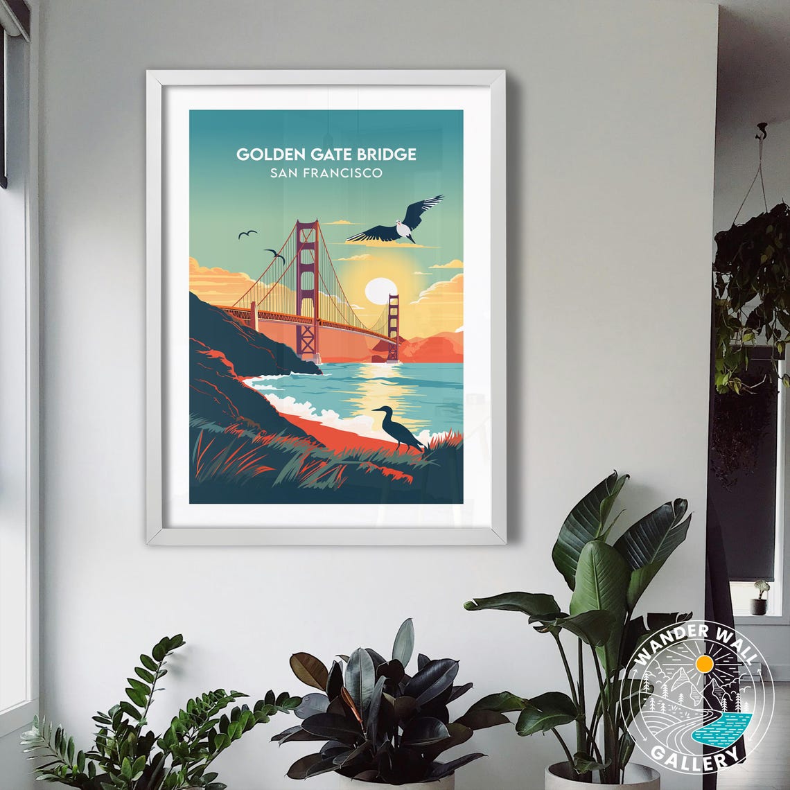 Golden Gate Bridge San Francisco Sunset Seagulls Retro Travel Poster - Image 3