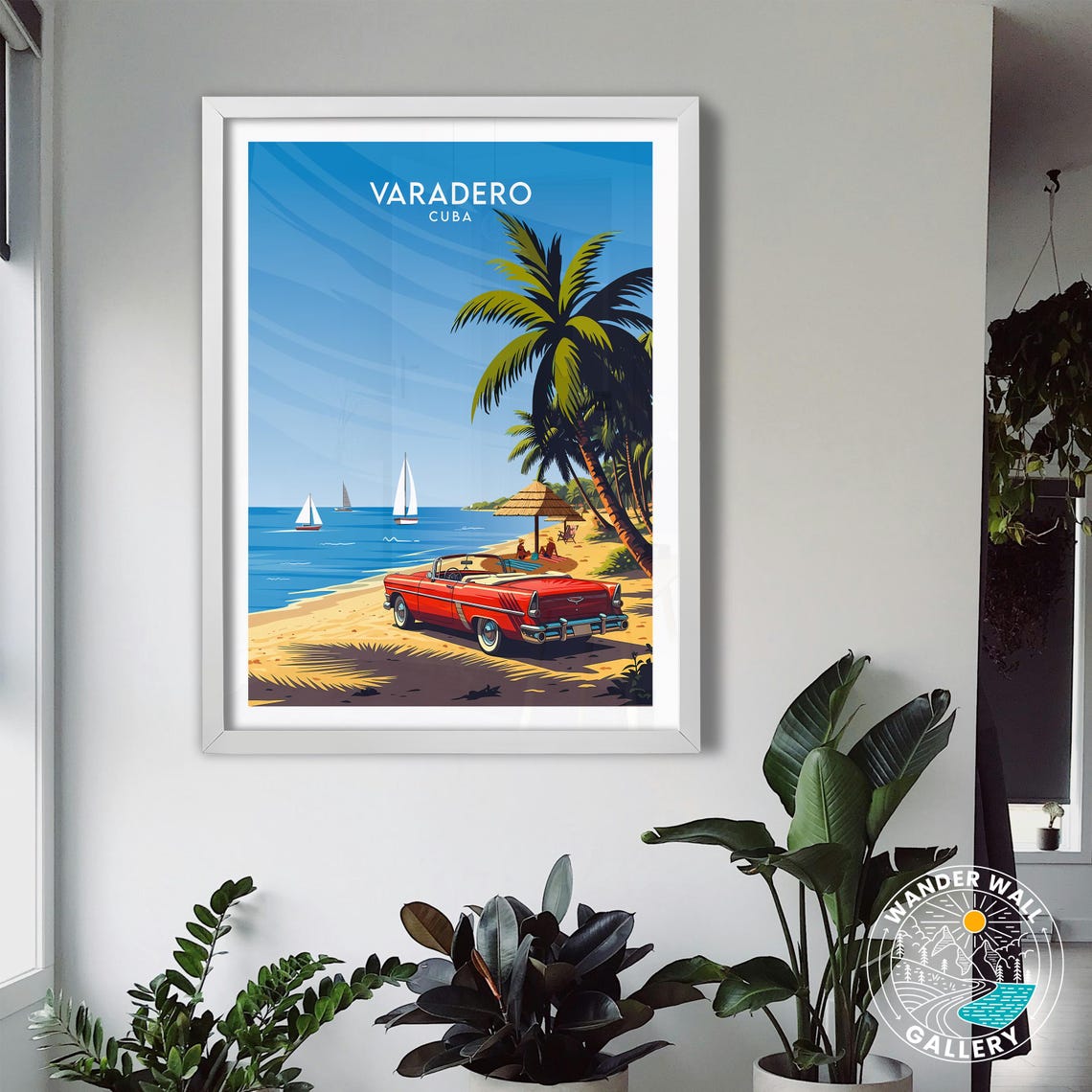 Varadero Cuba Red Classic Convertible Beach Palm Sunset Poster - Image 3