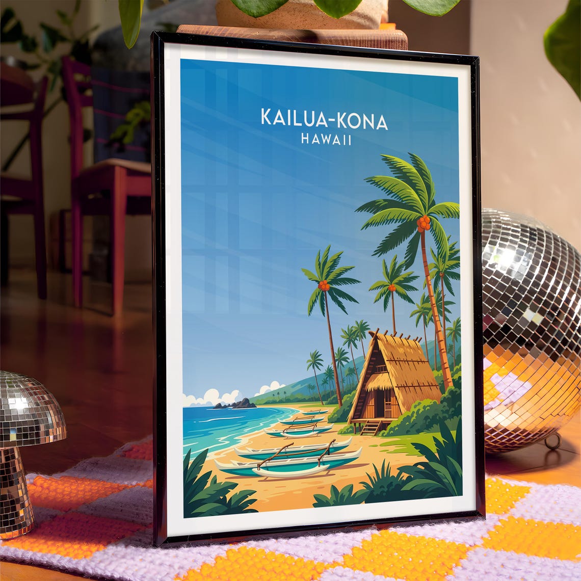 Kailua Kona Hawaii Thatched Hut Outrigger Canoes Beach Retro Poster - Image 4