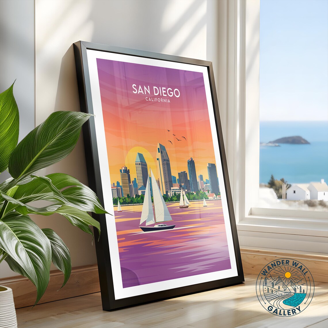 San Diego California Skyline Sailboats Golden Sunset Bay Travel Poster - Image 2