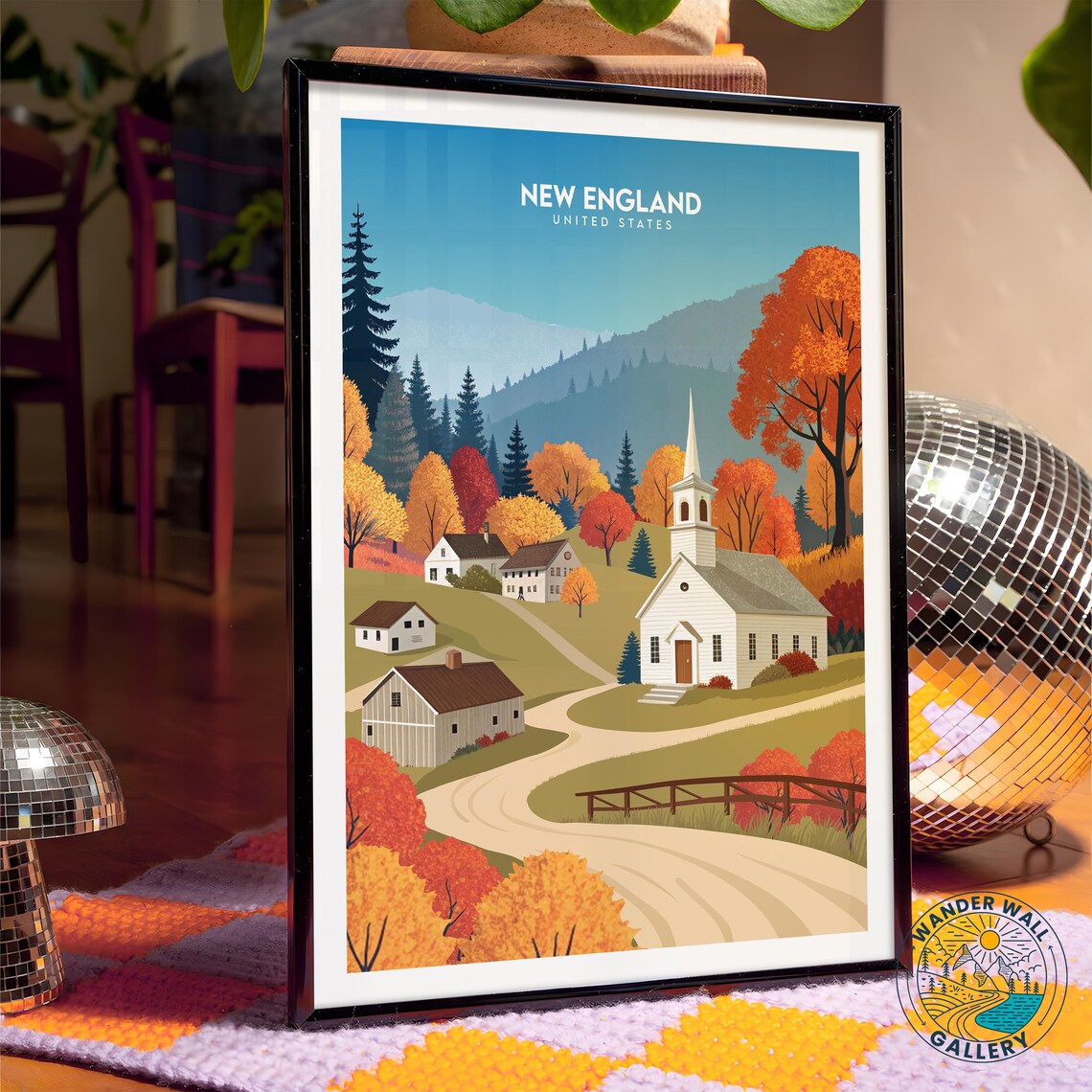 New England United States White Church Autumn Village Poster - Image 4