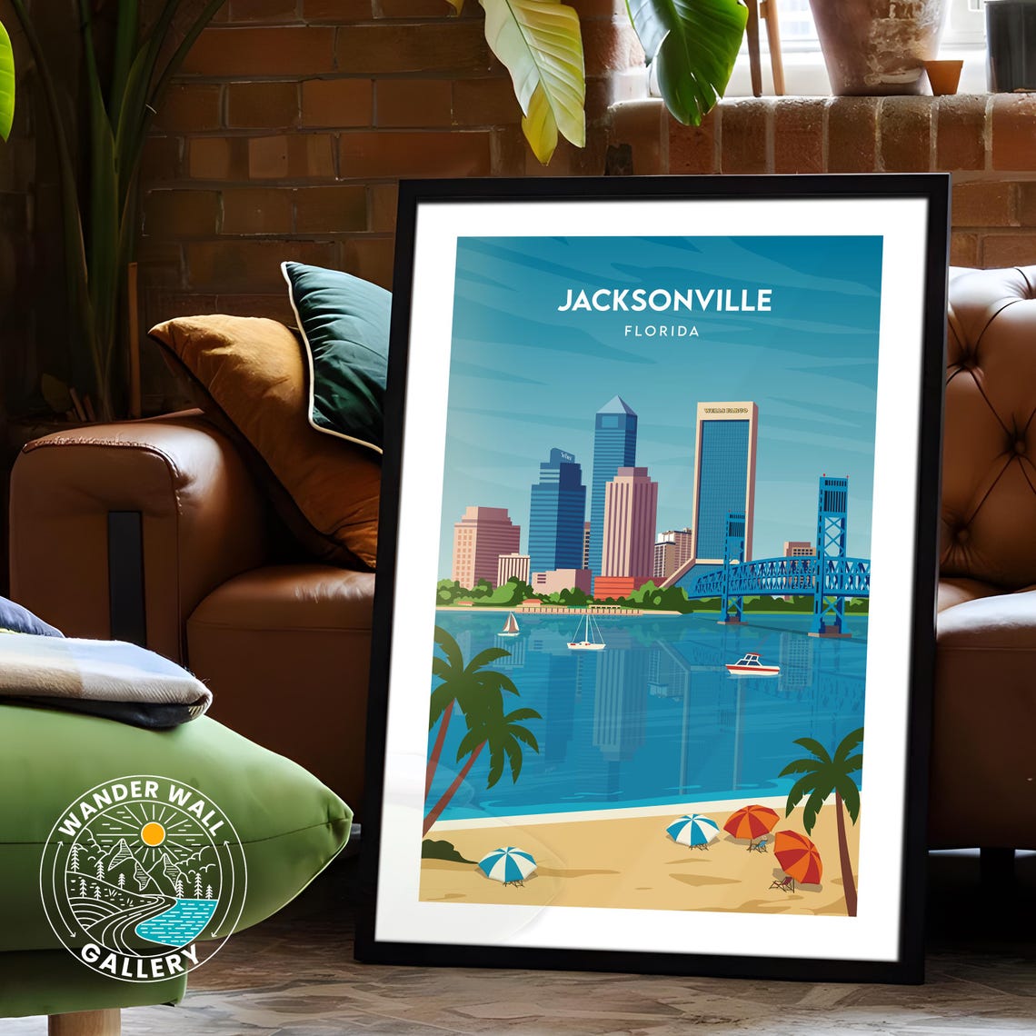 Jacksonville Florida Skyline Bridge Beach Umbrellas Palm Poster - Image 6