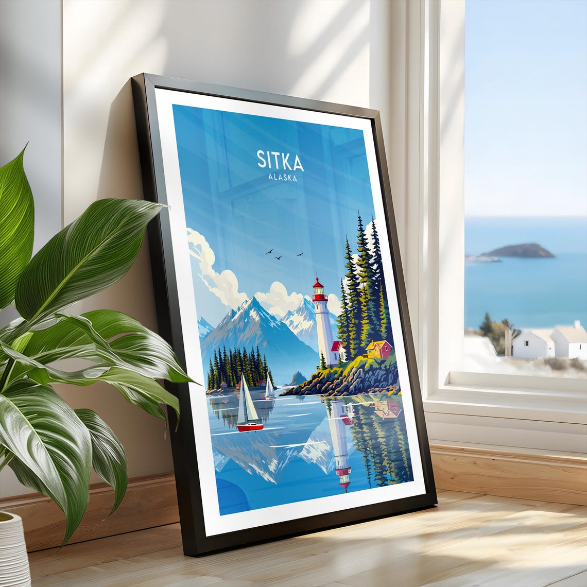 Sitka Alaska Lighthouse Sailboat Harbor Mountain Reflection Poster - Image 2