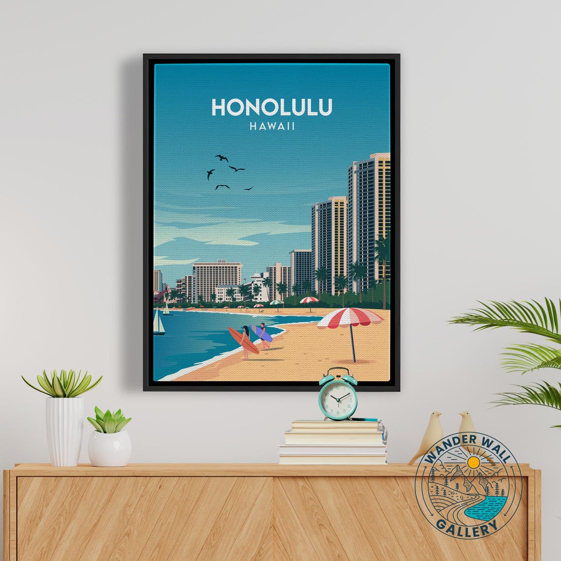 Honolulu Hawaii Waikiki Beach Surfers Tropical Sunset Poster - Image 5