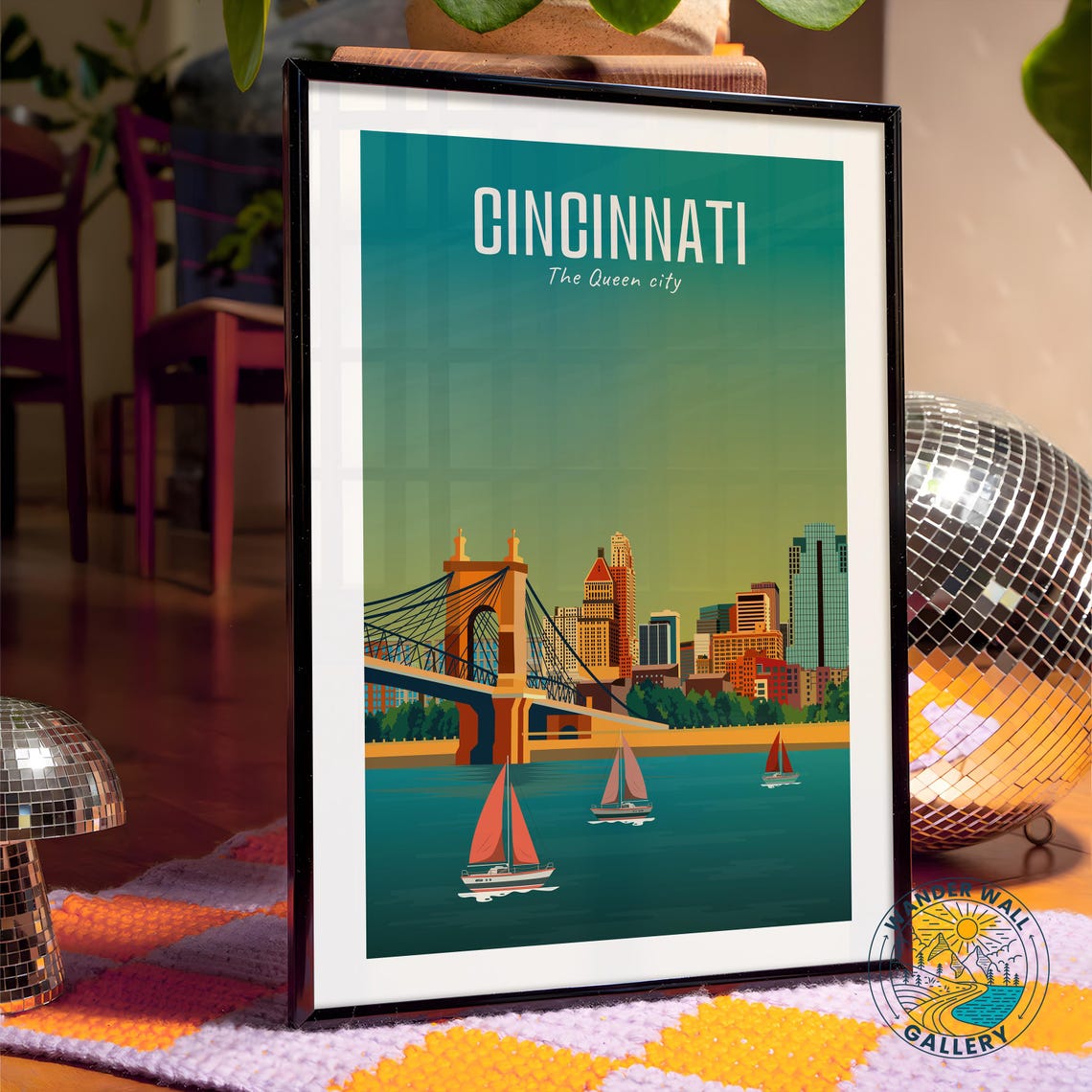 Cincinnati Ohio Queen City Roebling Bridge Retro Travel Poster - Image 4