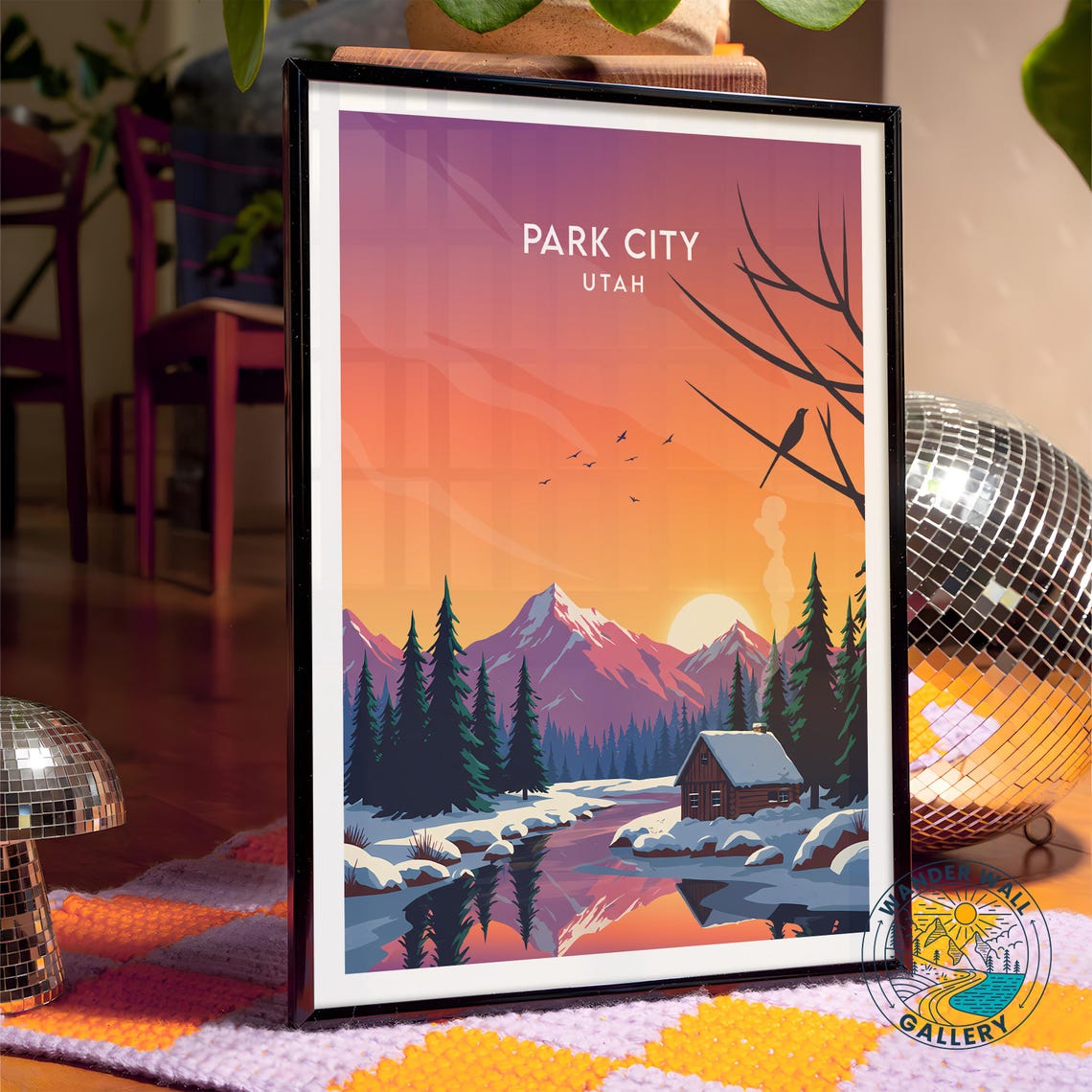 Park City Utah Winter Cabin Pink Sunset Snowy Peaks River Poster - Image 2