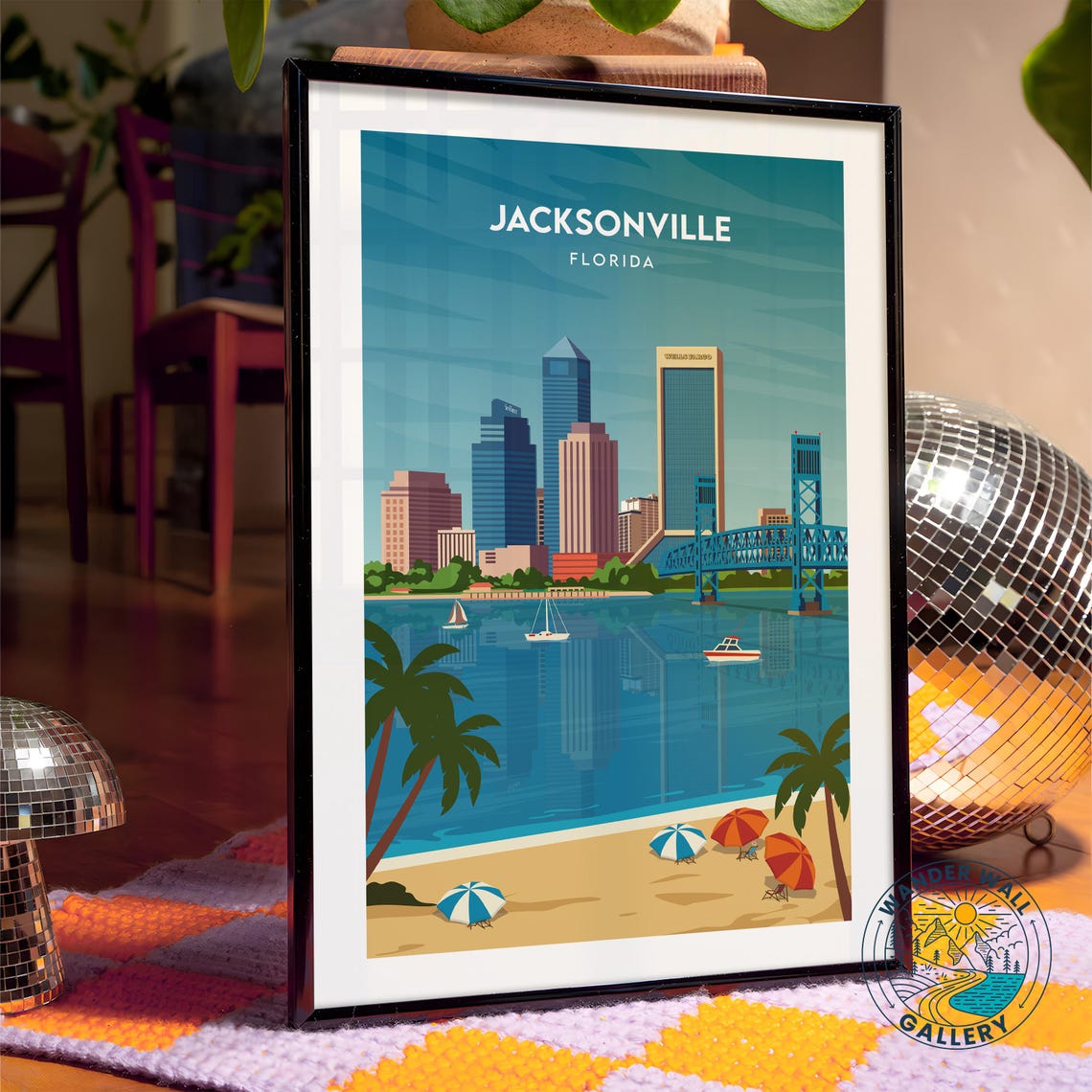 Jacksonville Florida Skyline Bridge Beach Umbrellas Palm Poster - Image 4