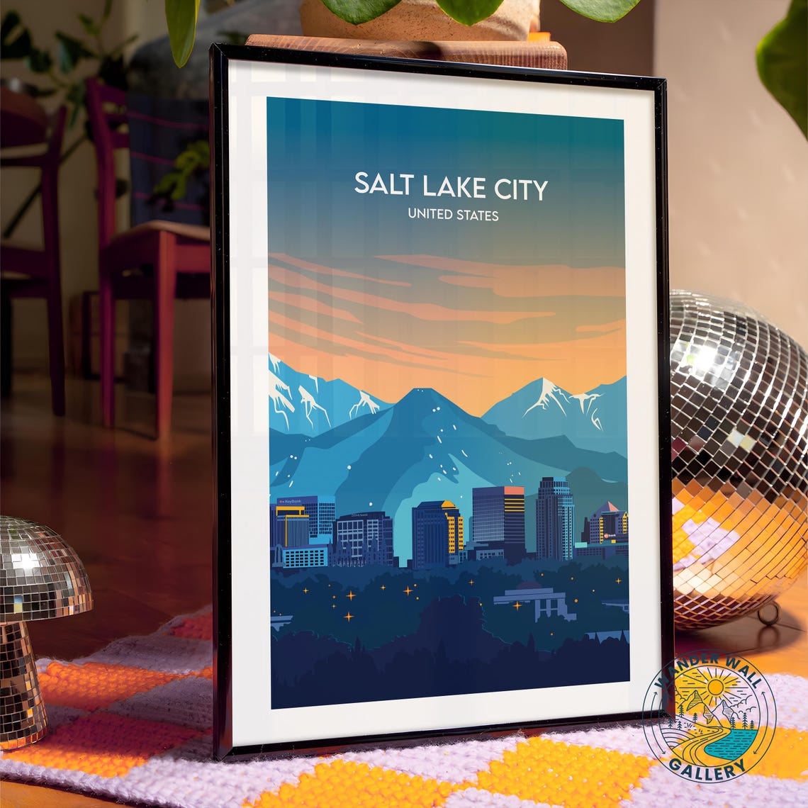 Salt Lake City Snowy Mountain Sunset Skyline Retro Travel Poster - Image 4