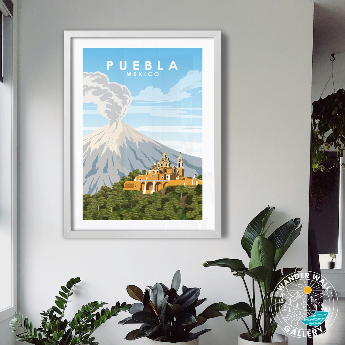 Puebla Mexico Church Hill Smoking Volcano Colonial Retro Travel Poster - Image 3