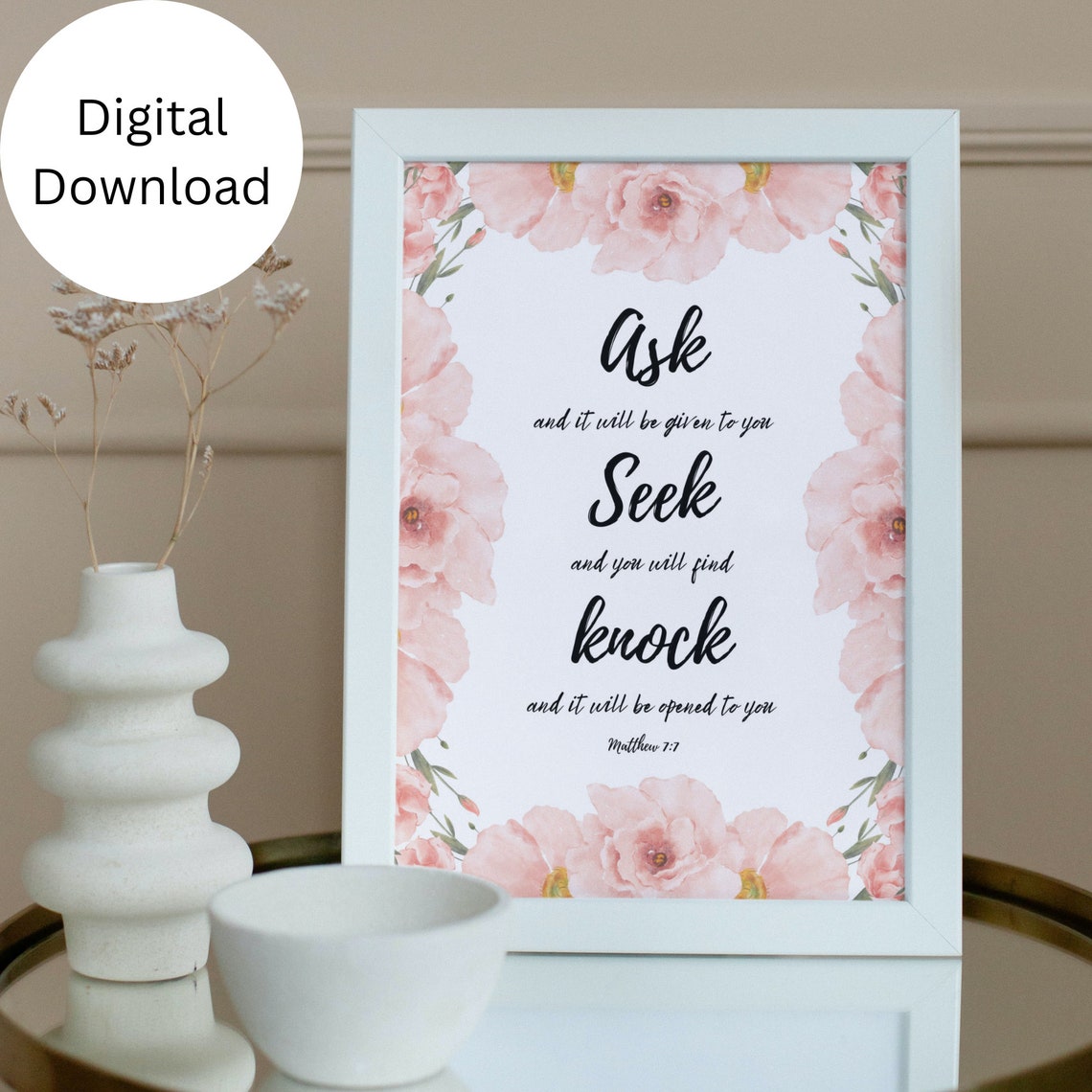 Matthew 77 Ask Seek Knock Bible Verse Scripture Inspirational Wall Art Jesus Gospel Floral Pink Gift For Her - Image 3