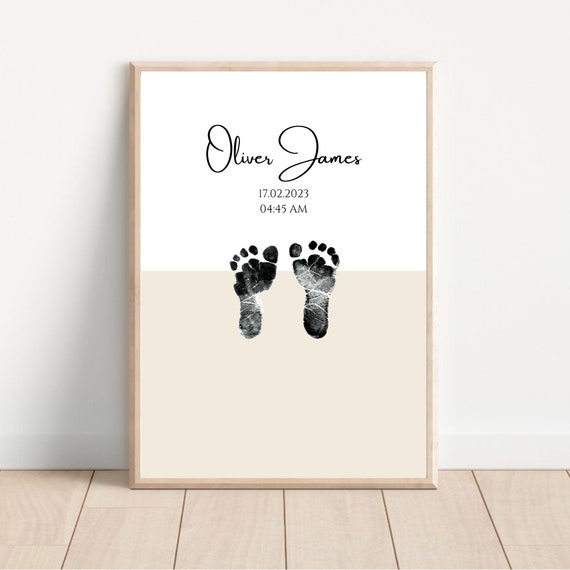 Custom Baby Footprints Design For Babys First Footprints Or Handprints Personalised Birth Details In Neutral Colours