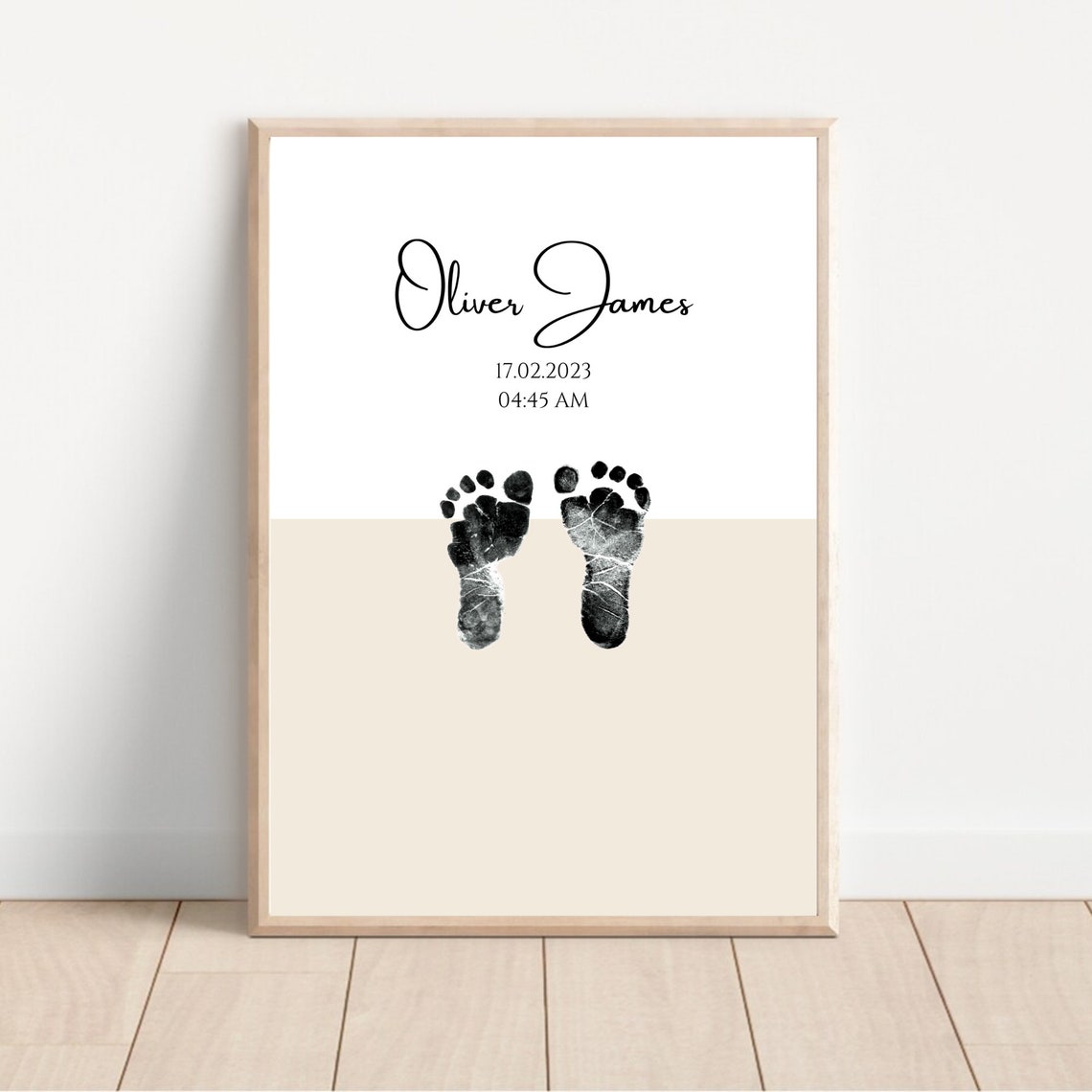 Custom Baby Footprints Design For Babys First Footprints Or Handprints Personalised Birth Details In Neutral Colours