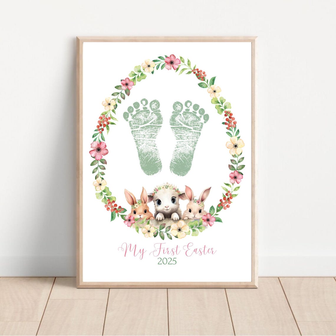 My First Easter Sage Footprint Trio Of Bunnies Floral Wreath Art Print - Image 2